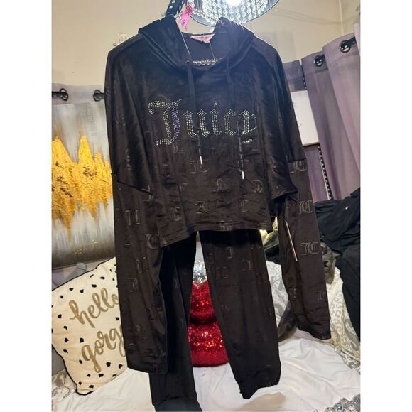 Juicy couture velour crop hoodie & jogger set jc logo embossed sz xL nwt - Picture 5 of 15